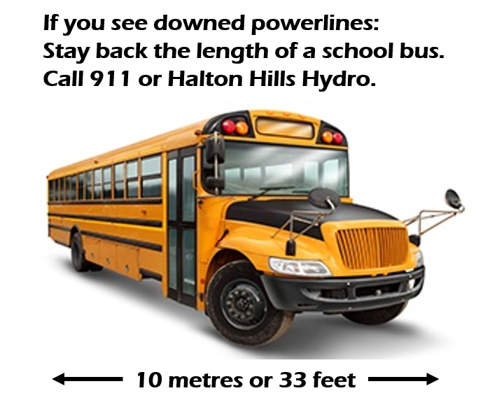 if you see downed powerlins: Stay back the length of a school bus. Call 911 or Halton Hills Hydro. 10 meters or 33 feet